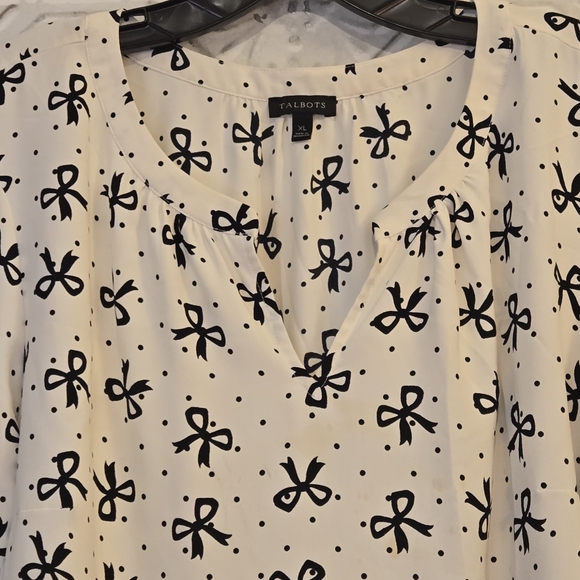 Talbots Smocked-Sleeve Bow Top Women's Size XL Casual Cottage Core Black/Cream - Picture 10 of 14